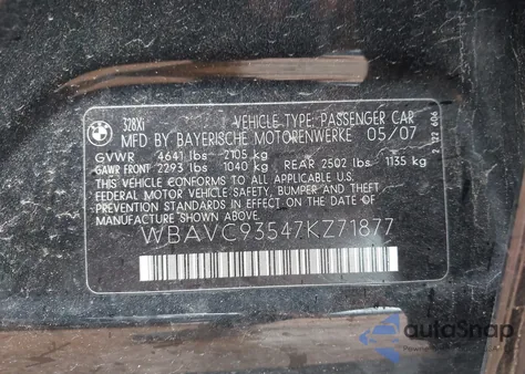 2007 BMW 328Xi z USA, uszkodzony, nr VIN WBAVC93547KZ71877